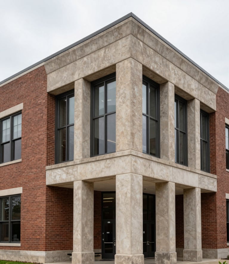Straight-on elevation of a modern brick and concrete public library in Grand Rapids, Michigan, natural diffused overcast daylight, sharp architectural details