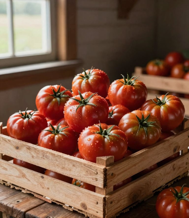 A wide, honest environmental shot of a wooden crate overflowing with fresh-picked heritage tomatoes sitting on a rustic wooden table in a farm shed, soft Scandinavian morning light coming from a side window.