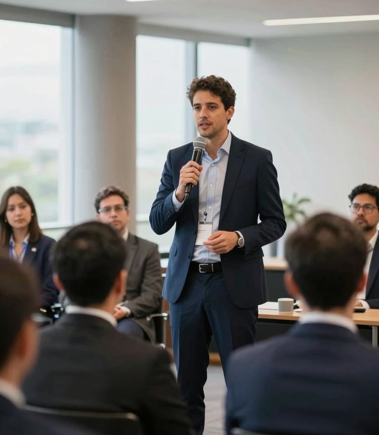 Daniel Amorim speaking live in front of a corporate audience, elegant conference hall, natural daylight, professional corporate setting, 35mm lens