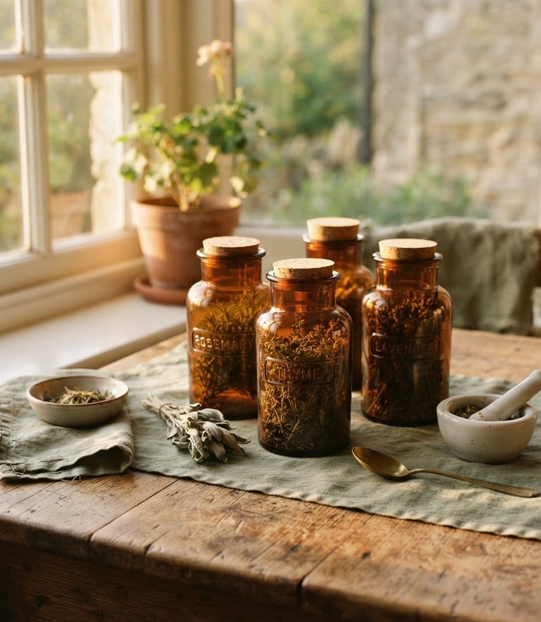 A quiet sunlit wooden table with dried herbs in amber glass jars, soft golden-hour window light, muted sage green tones