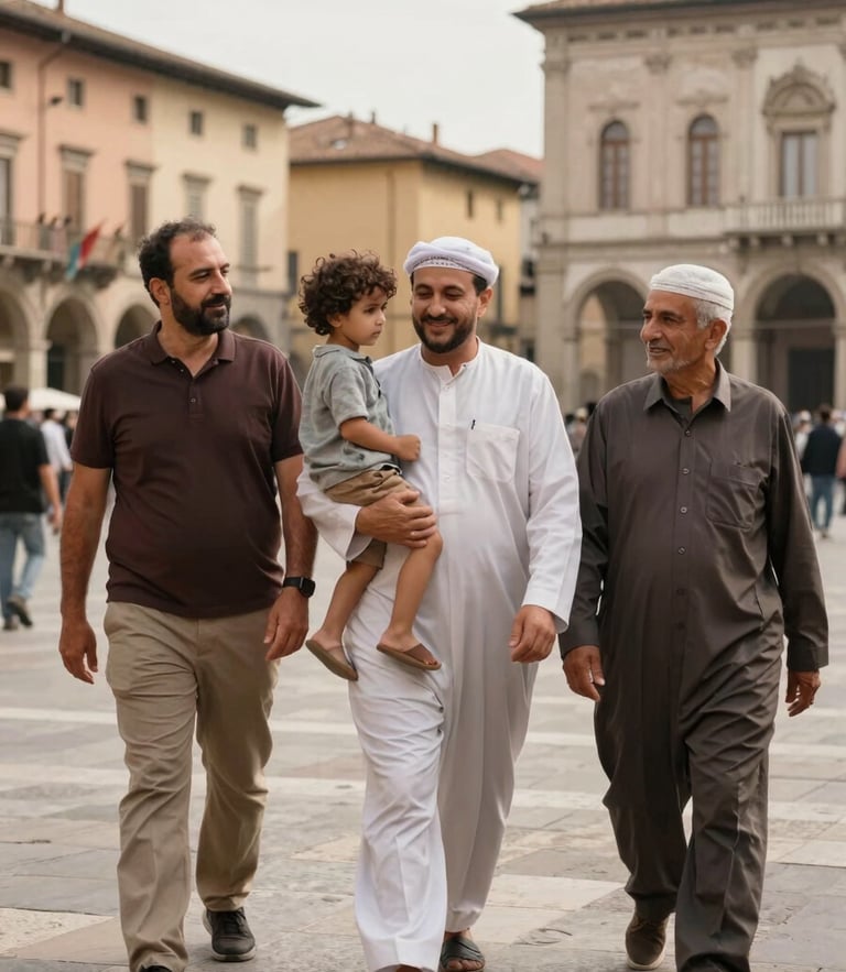 Warm editorial portrait of an Egyptian-Italian family walking together in a historic piazza in Brescia, soft natural daylight, authentic community moment, 35mm