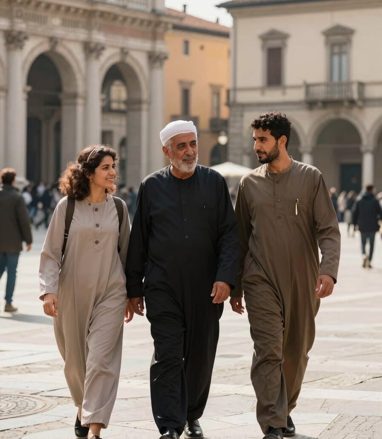 Warm editorial photography of an Egyptian family in Brescia walking together in a historic Italian piazza, natural daylight, soft depth of field, authentic moment