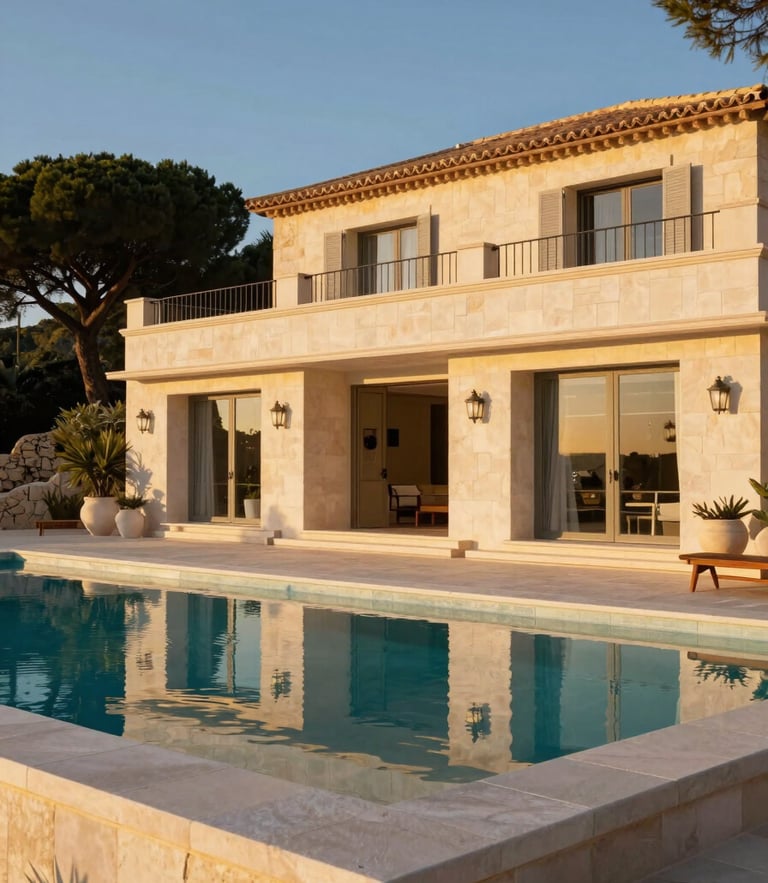Sun-drenched luxury villa in Saint-Tropez, golden-hour Mediterranean light, white stone, infinity pool reflecting the sky, architectural 35mm lens.
