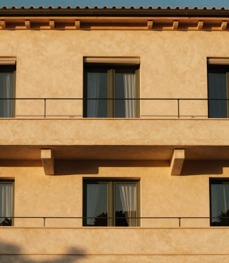 Warm editorial photography of a sun-drenched luxury villa facade in Saint-Tropez, golden-hour Mediterranean light, architectural composition, clean lines.