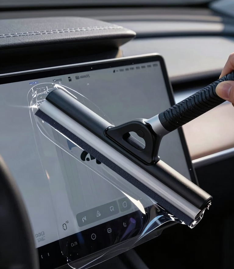 Extreme macro close-up of a squeegee applying clear protective film to a curved digital touchscreen inside a modern electric vehicle, sharp linear highlights tracing the dashboard contours, controlled low-key studio lighting.
