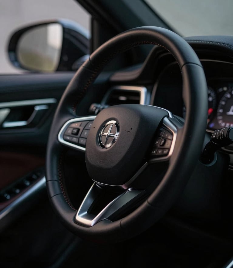 Moody close-up of a luxury vehicle steering wheel and dashboard, low-key dramatic lighting with silver highlights, cinematic framing, shallow depth of field