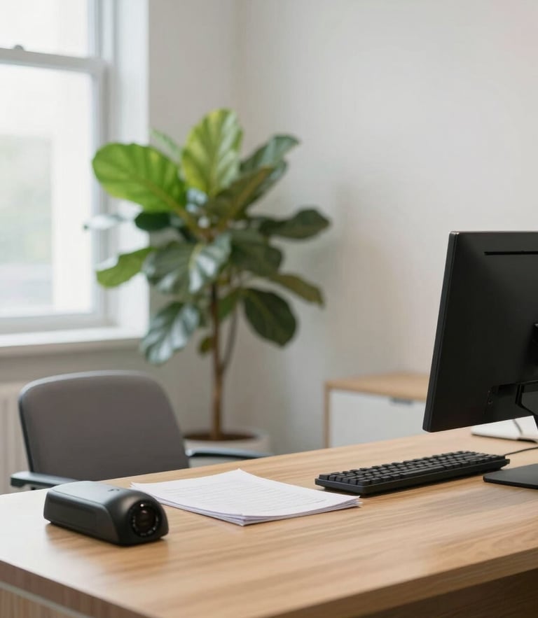 A clean, naturally lit modern medical consulting room with a soft green plant in the corner and a wooden desk, soft diffused daylight.