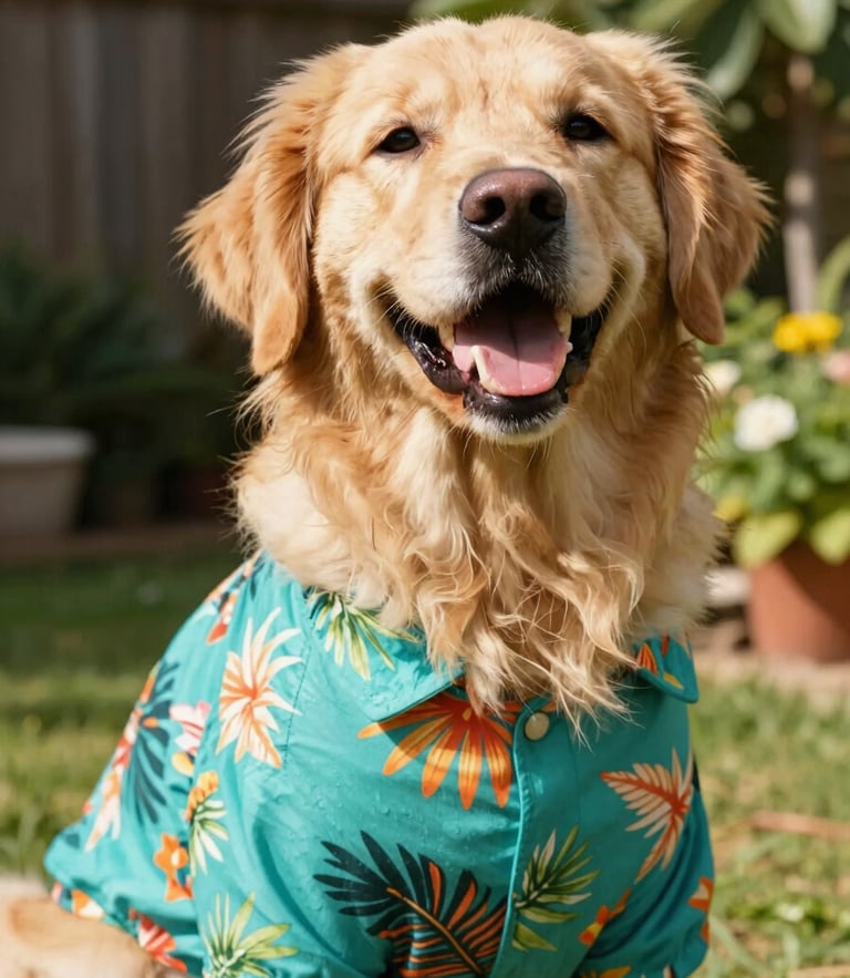 Candid eye-level shot of a happy golden retriever wearing a colorful tropical teal shirt in a sunny garden, warm natural daylight, 35mm