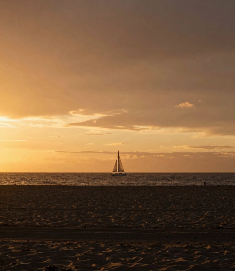 A quiet, atmospheric sunset over an empty beach, a single sailboat on the horizon, soft golden light, cinematic editorial