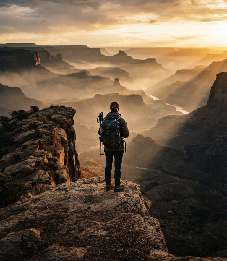 A lone explorer standing on a high ridge overlooking a vast, misty golden-hour canyon, deep shadows, cinematic travel photography