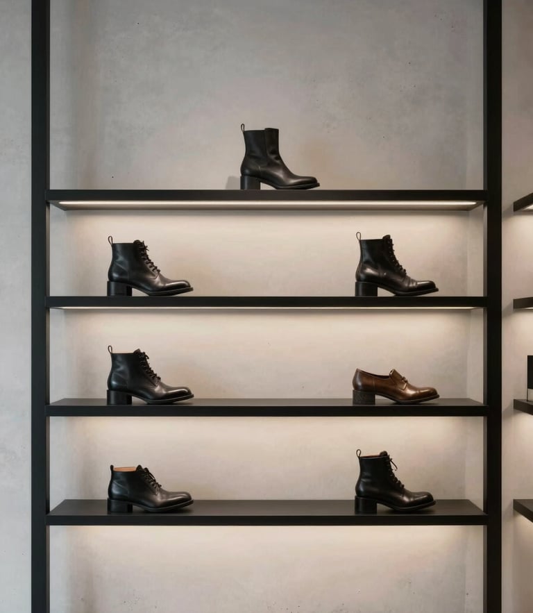 Elegant premium shoe store interior with minimalist black shelves, soft golden ambient lighting, modern concrete walls, vertical framing