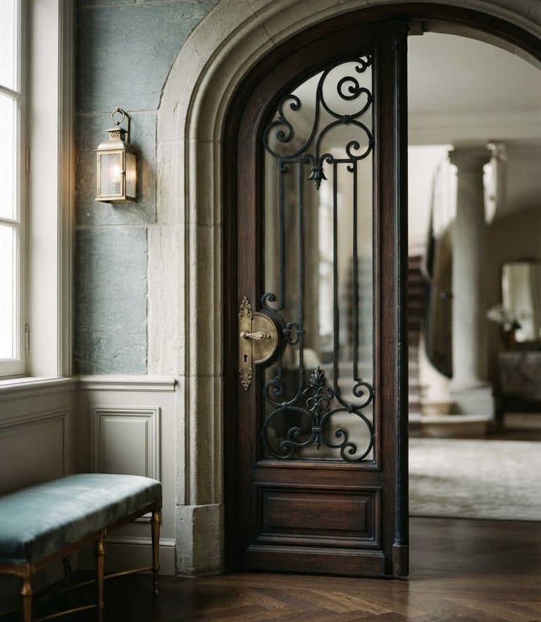Architectural detail of a classic Geneva mansion entrance, soft natural daylight, shallow depth of field, 35mm