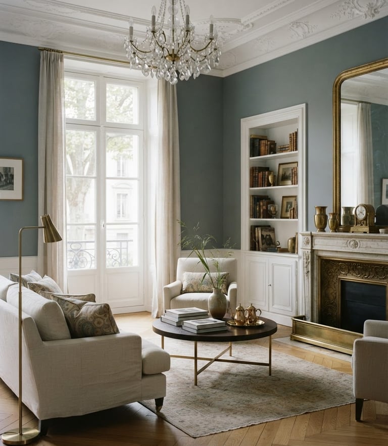 Elegant classic Geneva apartment interior with high ceilings, delicate white moldings, and warm brass details, bathed in soft morning daylight, architectural editorial photography.