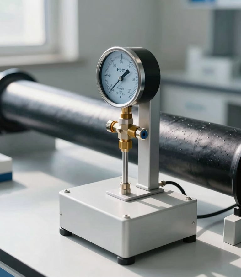 A bright, clean industrial testing laboratory, a high-precision digital pressure gauge testing a thick  HDPE pipe, morning light, sharp focus, technical details, 35mm