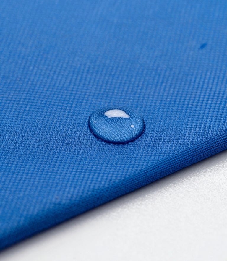 Macro shot of water droplets bead on high-performance blue technical fabric, bright cool-toned studio light, clinical focus
