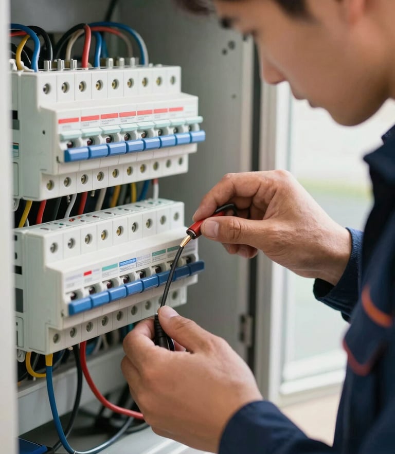 Close-up of a certified electrician in clean dark blue workwear wiring a modern fuse box with technical precision, bright natural lighting, focused on hands.