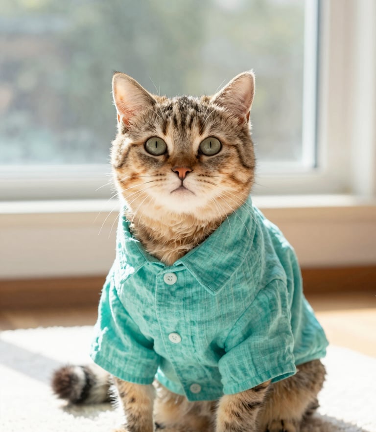 A beautiful domestic cat wearing a lightweight teal linen shirt, sitting comfortably on a soft rug, warm natural window light, shallow depth of field, sharp portrait.