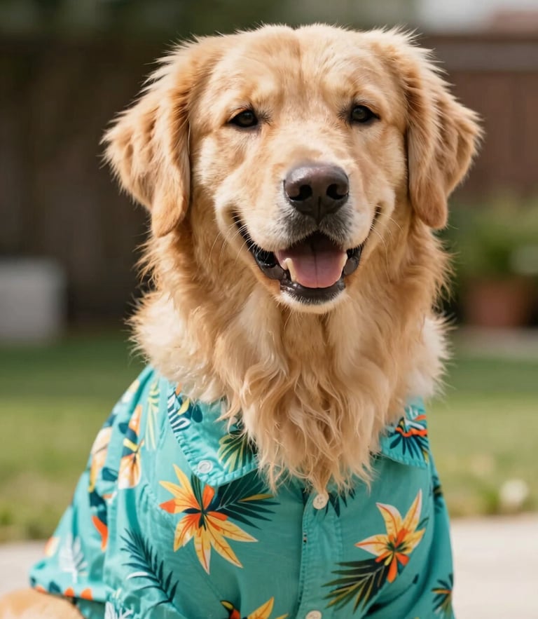 A happy golden retriever wearing a colorful teal tropical shirt, smiling at the camera, soft natural backyard daylight