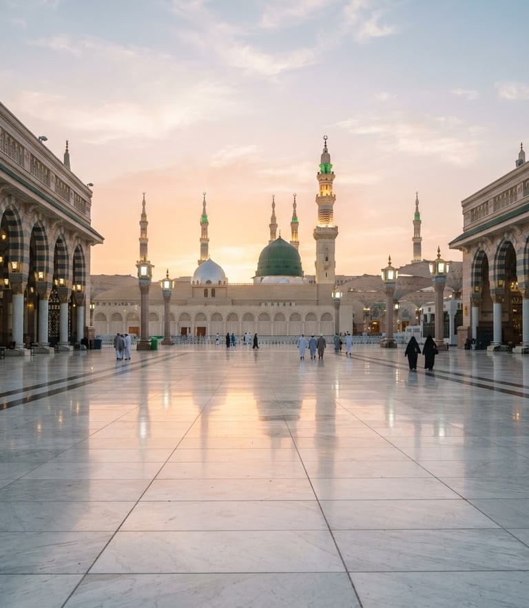 Serene dawn light reflecting on the polished marble courtyard of the Prophet's Mosque in Madinah, wide angle, soft golden hour glow