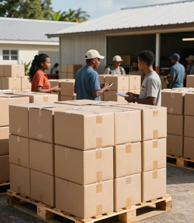 Bright environmental photo of an organized Kingston warehouse, bulk boxes stacked on clean wooden pallets, warm natural Caribbean daylight, 35mm lens.