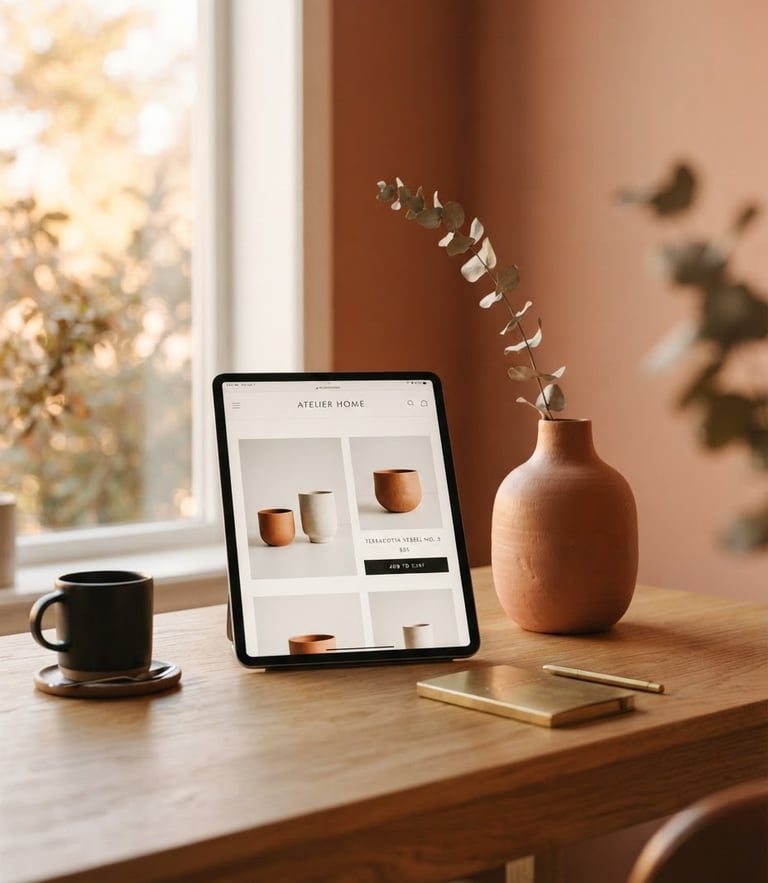 Elegant workspace with a minimalist ceramic vase, terracotta tones, soft window light, and a tablet showing a clean e-commerce interface, editorial photography