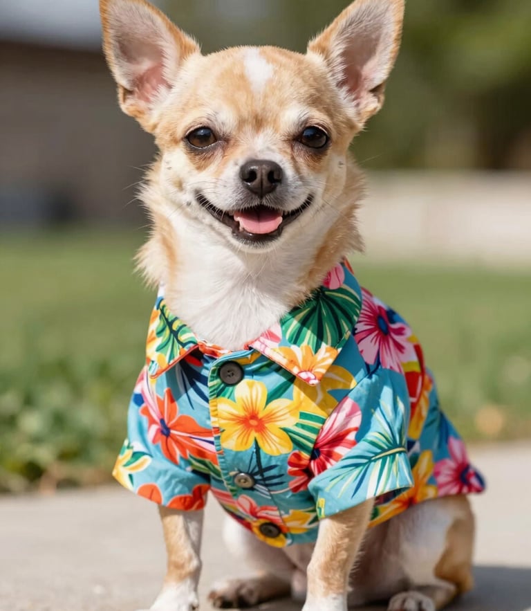 A happy small Chihuahua wearing a colorful tropical floral shirt, sitting proudly in bright daylight, vibrant lifestyle pet photography, colorful and cheerful tones, shallow depth of field, 35mm lens