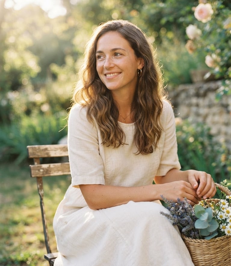 A woman smiling gently in a soft cream linen dress, warm morning sunlight streaming, soft focus background, 35mm film style