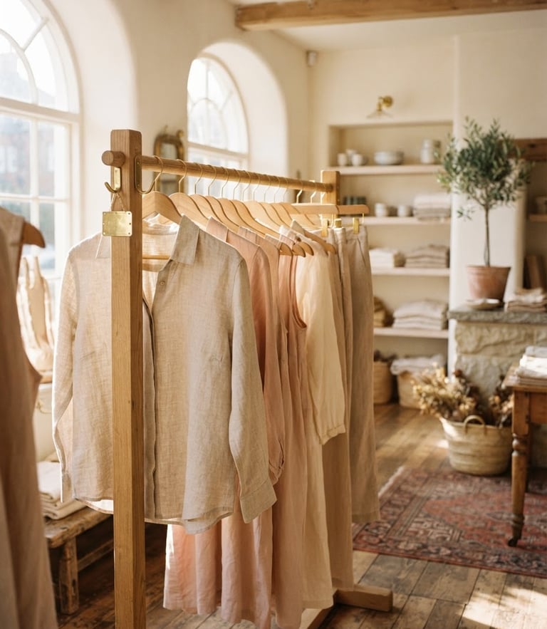A bright, sun-drenched boutique interior with natural linen garments on wooden hangers, soft morning light, warm gold accents, 35mm film style