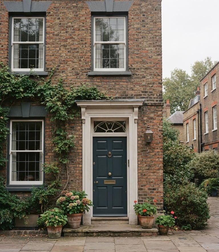 Dignified editorial photography of a warm, quiet residential brick exterior in soft overcast daylight, 35mm lens