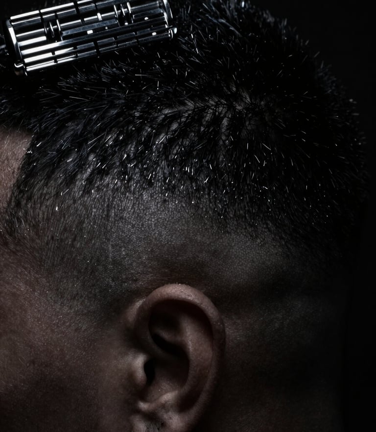 Macro close-up of a razor-sharp skin fade under dramatic low-key studio lighting, sharp silver reflections, deep matte black background, high contrast