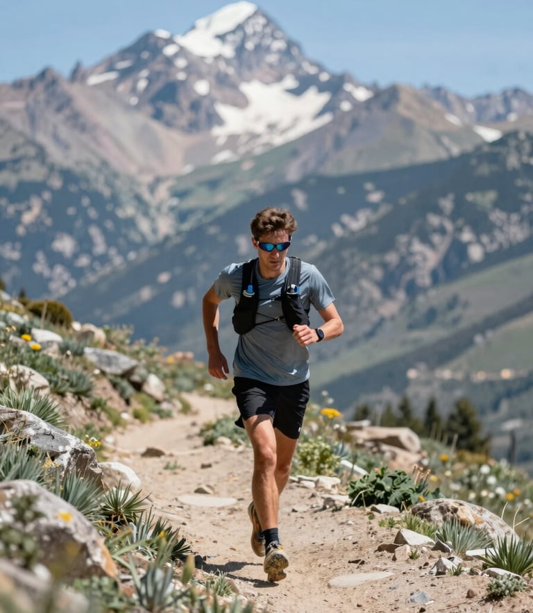 Crisp editorial photo of a mountain runner trail training in Park City, bright natural daylight, fresh blue sky, shallow depth of field, 35mm