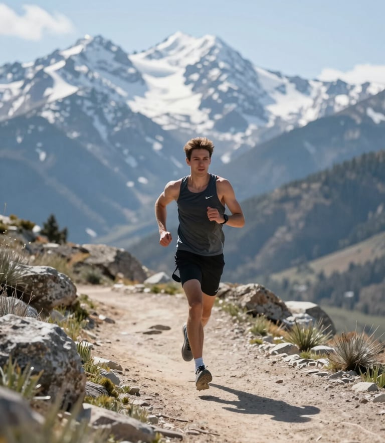 Crisp editorial photo of an athlete running on a sunlit Park City trail, bright mountain daylight, fresh alpine air, shallow depth of field, 35mm