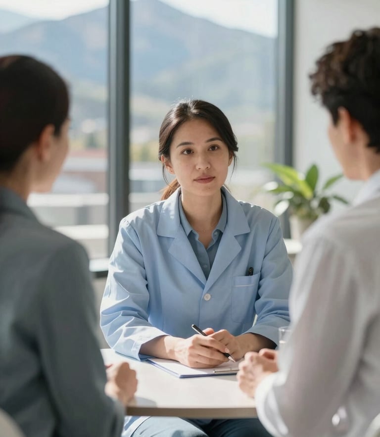 Bright sunlit professional nutrition consultation in a modern Park City office, crisp mountain daylight, fresh blue and herbal gray tones, shallow depth of field, 35mm editorial photography