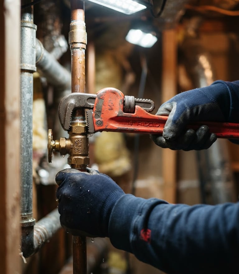 Tight action close-up of a professional plumber's hands using a heavy wrench to secure a copper pipe valve under bright work lights, water droplets visible.