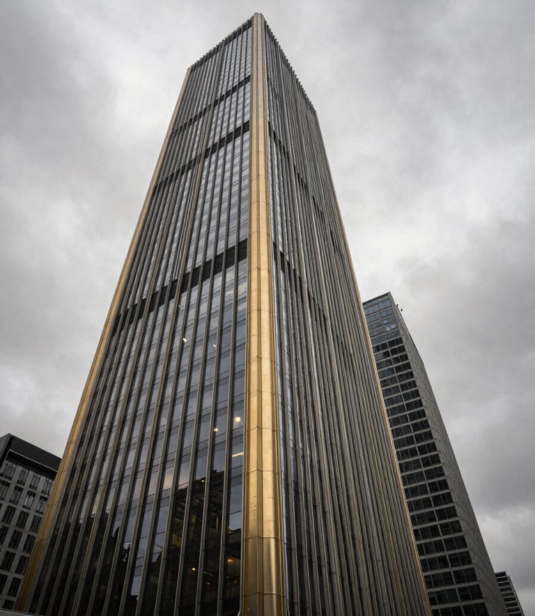 Low-angle architectural perspective of a modern international trade center, dramatic overcast sky, desaturated steel and gold tones.