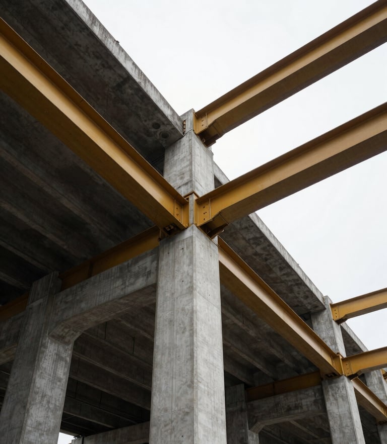 Low-angle architectural perspective of a modern concrete and steel infrastructure project, overcast daylight, desaturated steel tones