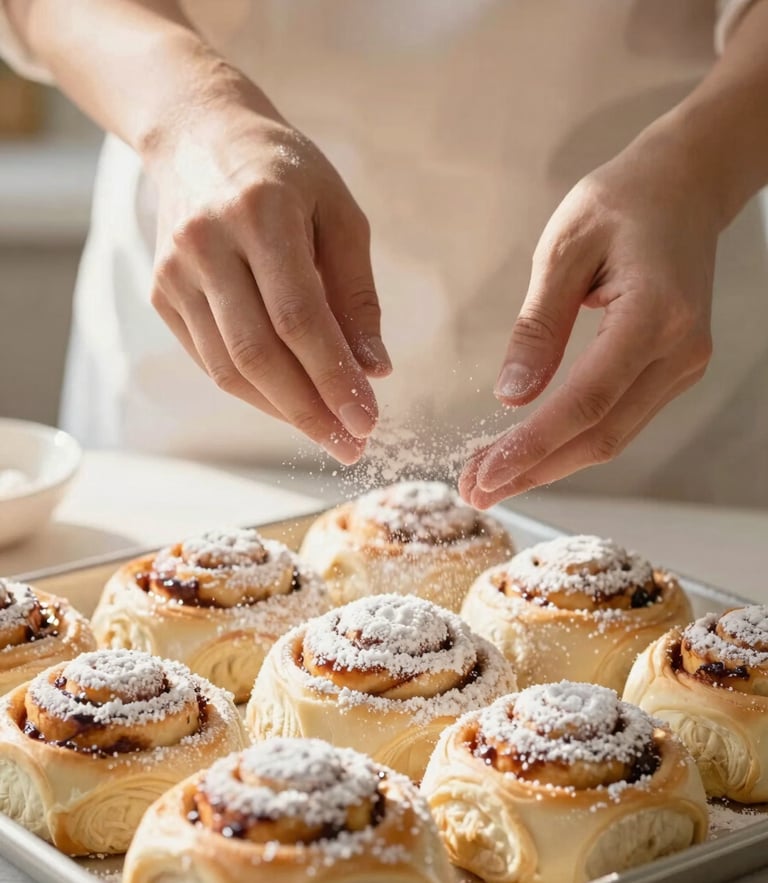A baker's hands dusting powdered sugar over freshly baked cinnamon rolls, flour particles catching soft morning sun, warm tones, 35mm