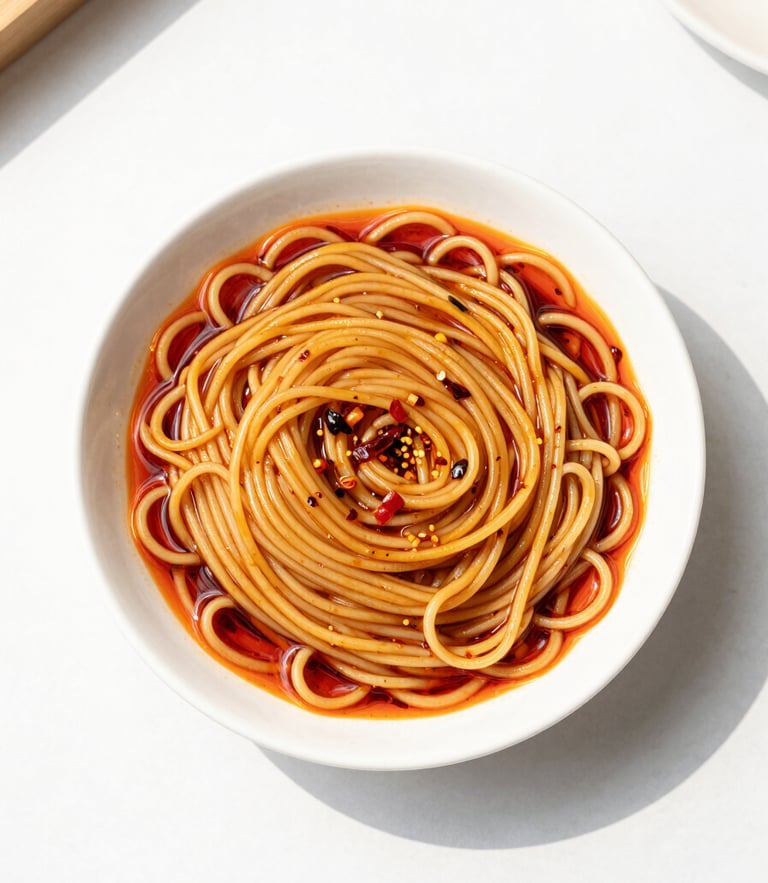 Overhead flat-lay of vibrant Dan Dan noodles glistening with red chili oil on a clean white table, bright natural daylight, 50mm lens