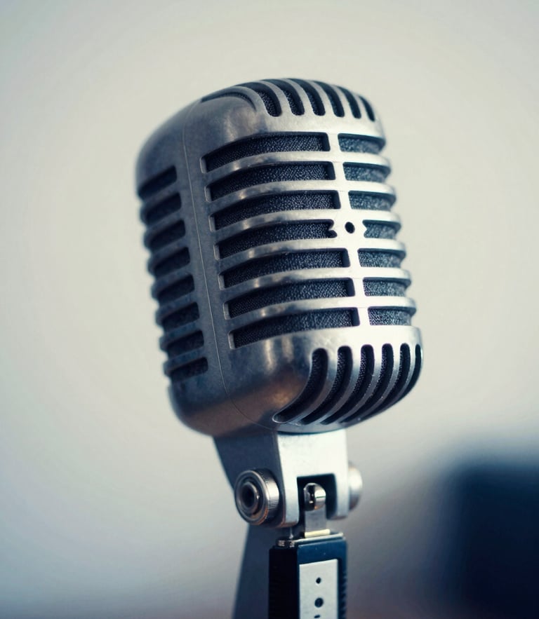 An elegant close-up of a vintage studio microphone, soft warm studio lighting, deep blue tones, shallow depth of field, 35mm editorial photography