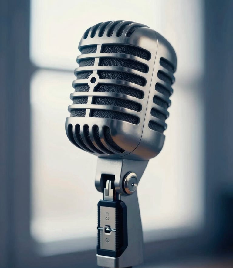 Elegant close-up of a vintage studio microphone, soft warm window light, deep blue tones, shallow depth of field, high-end editorial photography