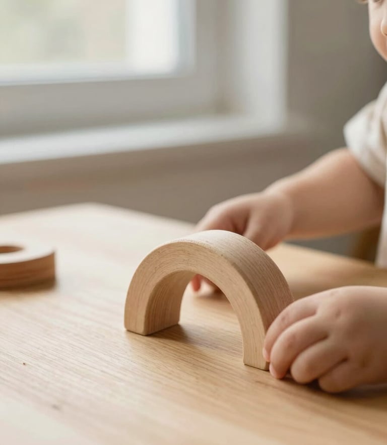 Close-up of a toddler's hands stacking minimalist wooden arch toys on a light oak table, soft morning window light, warm editorial style.