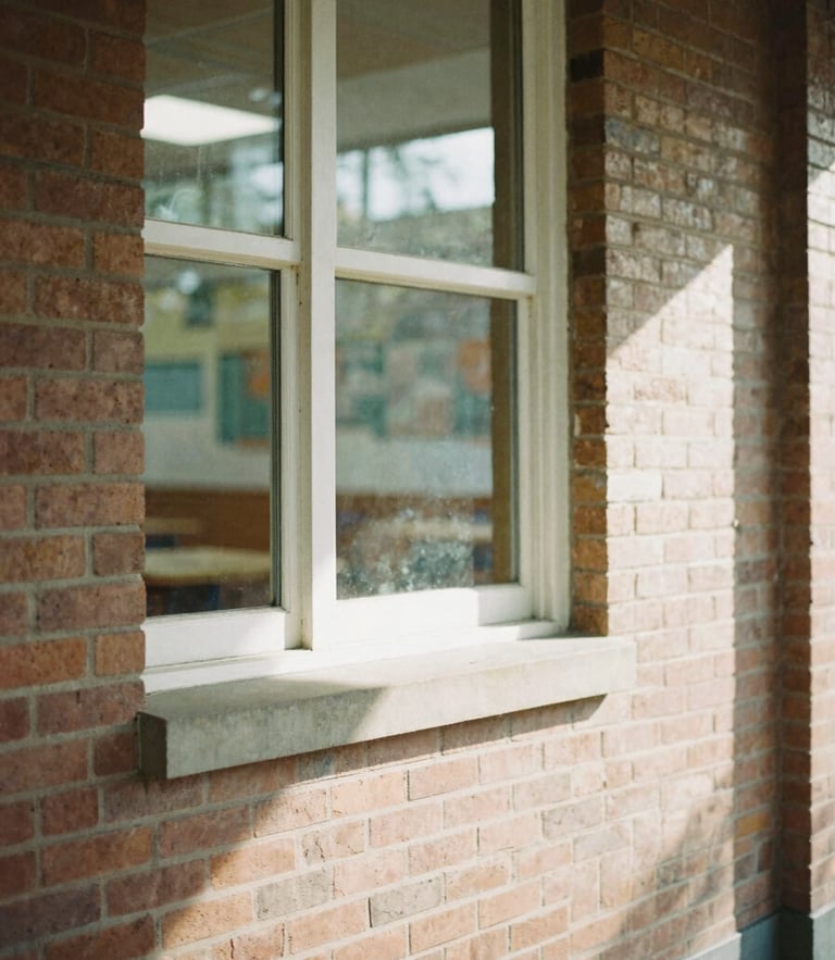 A quiet architectural detail of a community center window, soft natural daylight casting long shadows on warm brick, shallow depth of field, 35mm film aesthetic