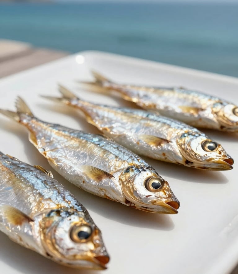 Macro close-up of premium dried fish arranged artfully on clean slate under soft natural coastal daylight