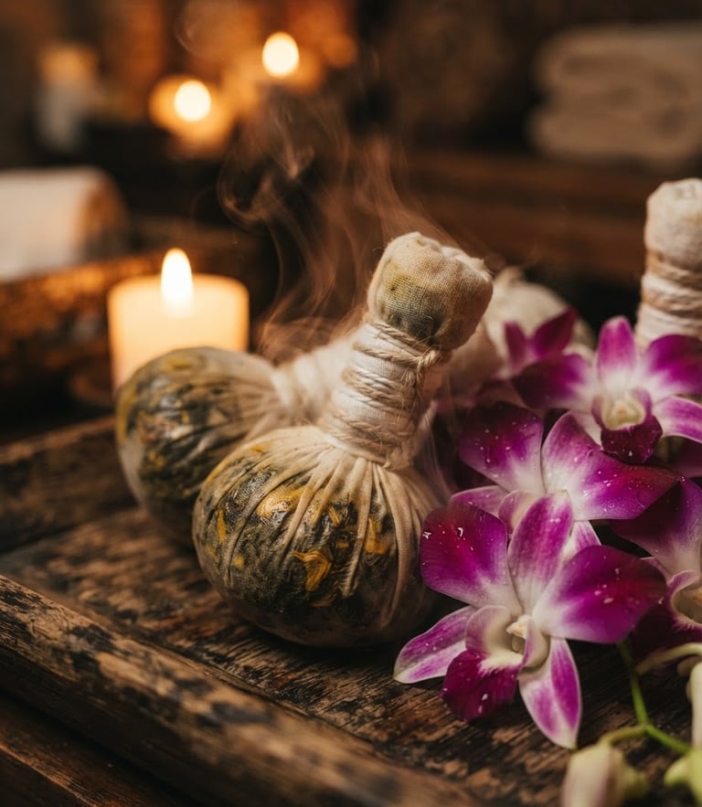 Close-up of steaming herbal compresses and orchids in soft focus, warm candlelit indoor light, deep teakwood tones