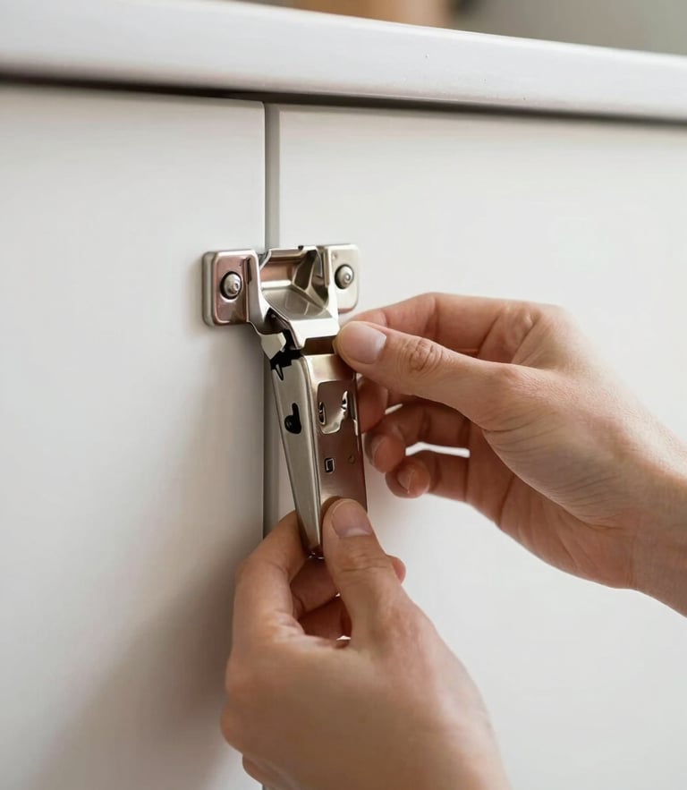 Close-up of hands installing shiny metallic hinges on a clean aluminum kitchen cabinet, bright natural indoor lighting, sharp focus on materials and hands, 35mm
