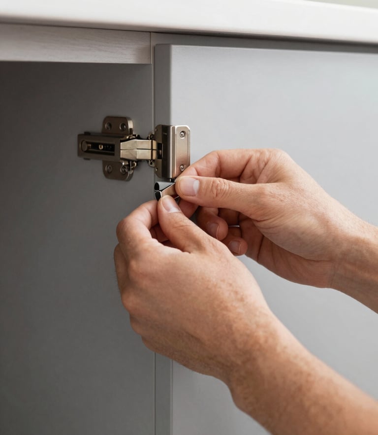 Close-up of a technician's hands installing a sleek metallic hinge on a clean gray aluminum kitchen cabinet, bright clean photography, natural indoor kitchen lighting, sharp focus on materials and hands, warm realistic tones, 35mm