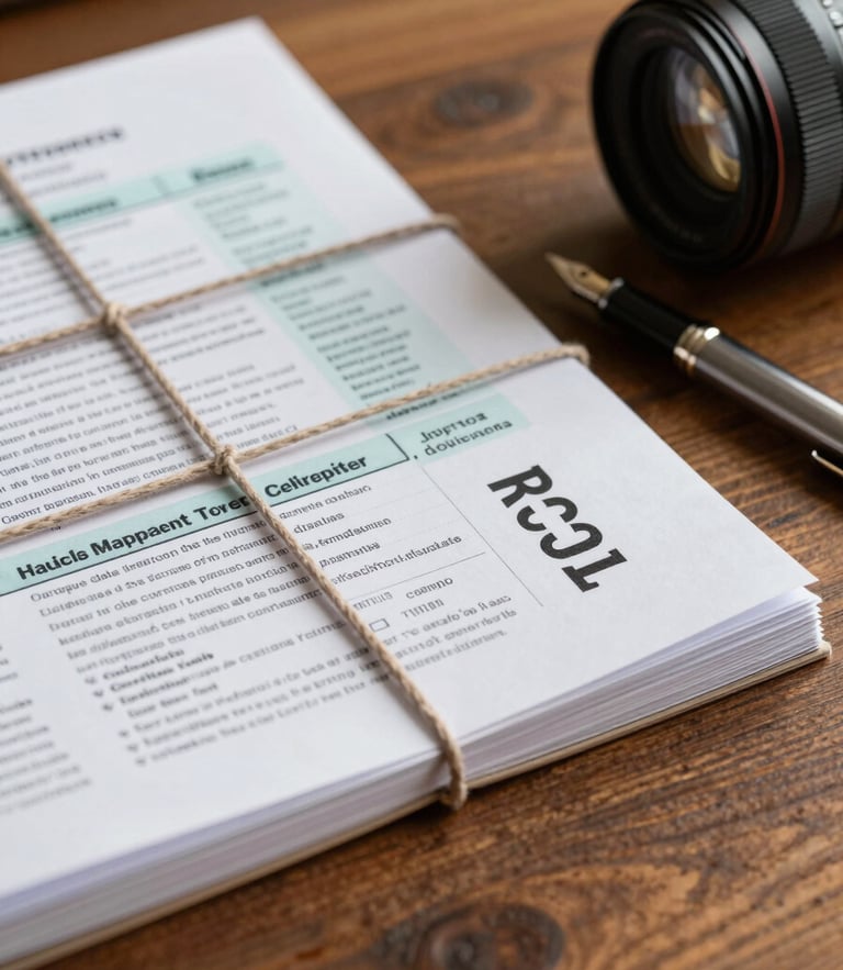 Tactile detail of bound corporate tax volumes and a fountain pen on a heavy oak desk, warm side lighting, shallow depth of field.