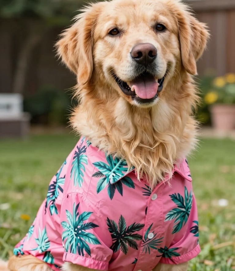 A happy golden retriever wearing a vibrant pink and teal tropical shirt, sitting proudly in a sunny backyard, soft focus, eye-level shot