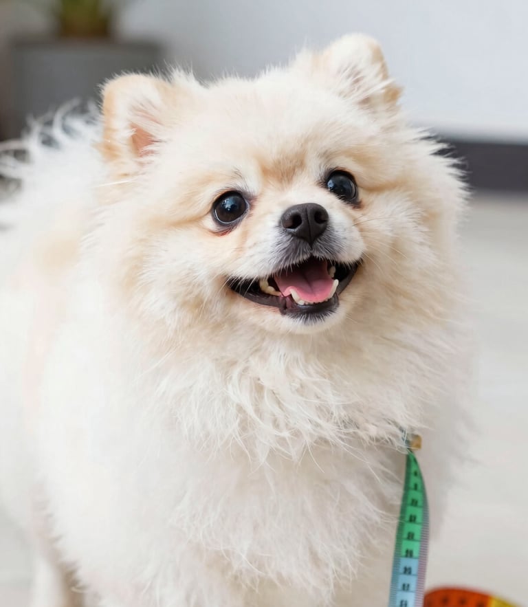 A happy fluffy Pomeranian looking up curiously next to a colorful measuring tape, bright natural daylight, soft focus.