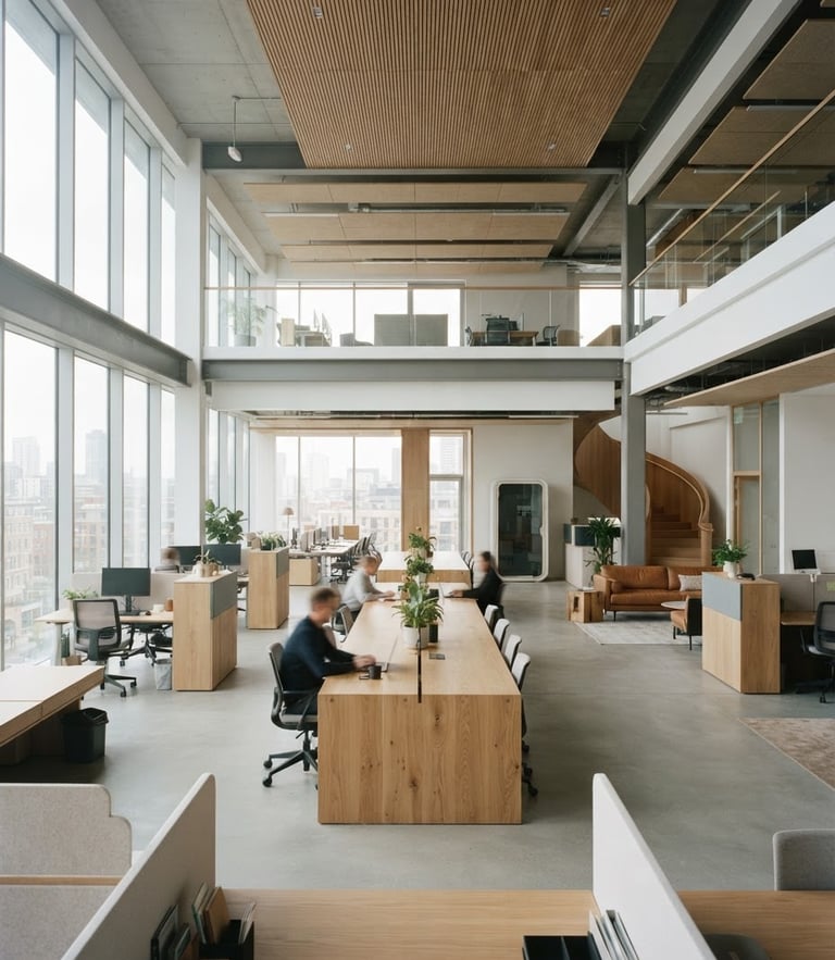 Wide cinematic architectural shot of a modern workplace interior, soft natural daylight, desaturated cool tones with warm wood accents, sharp focus, 35mm lens.